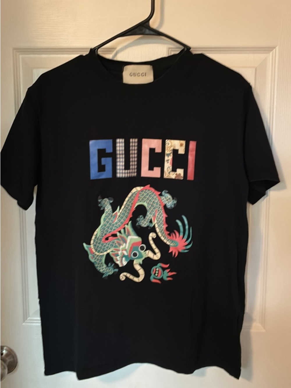 Gucci Black Short-Sleeve Tee with Multicolor Logo and Dragon
